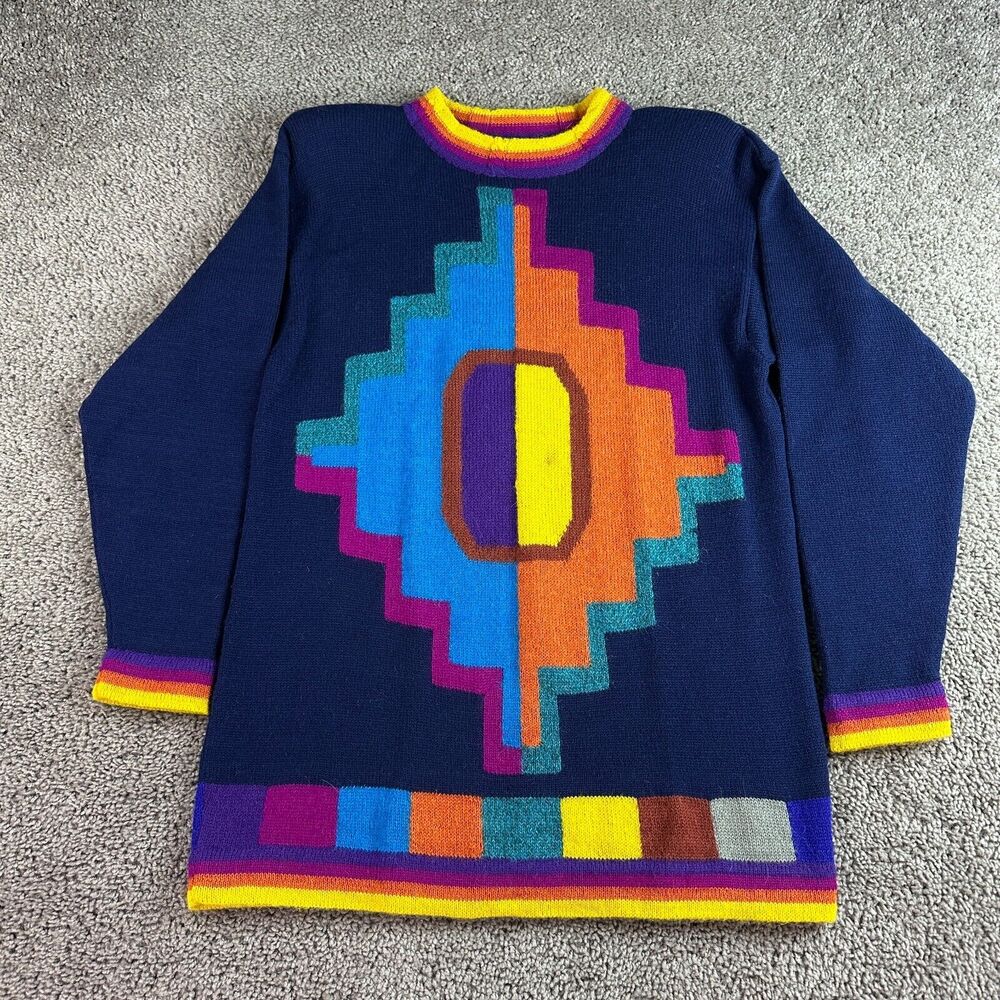Peruvian Alpaca Sweater Womens M Blue Aztec Southwestern Tribal Shoulder Pads *